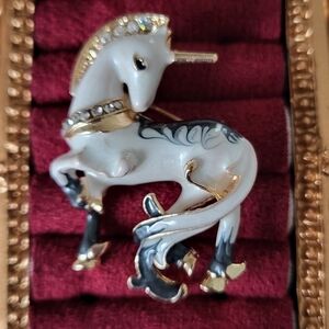 White Enamel Unicorn Brooch/ Pendant with Rhinestones